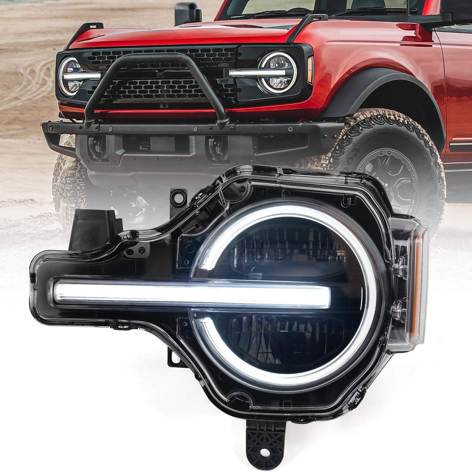 Photo 1 of DKMGHT Left Full LED Headlight for Ford Bronco 2021 2022 2023 2024 2025, LH Headlamp Assembly Projector OE Factory Style Replacement for M2DZ13008F Driver Side