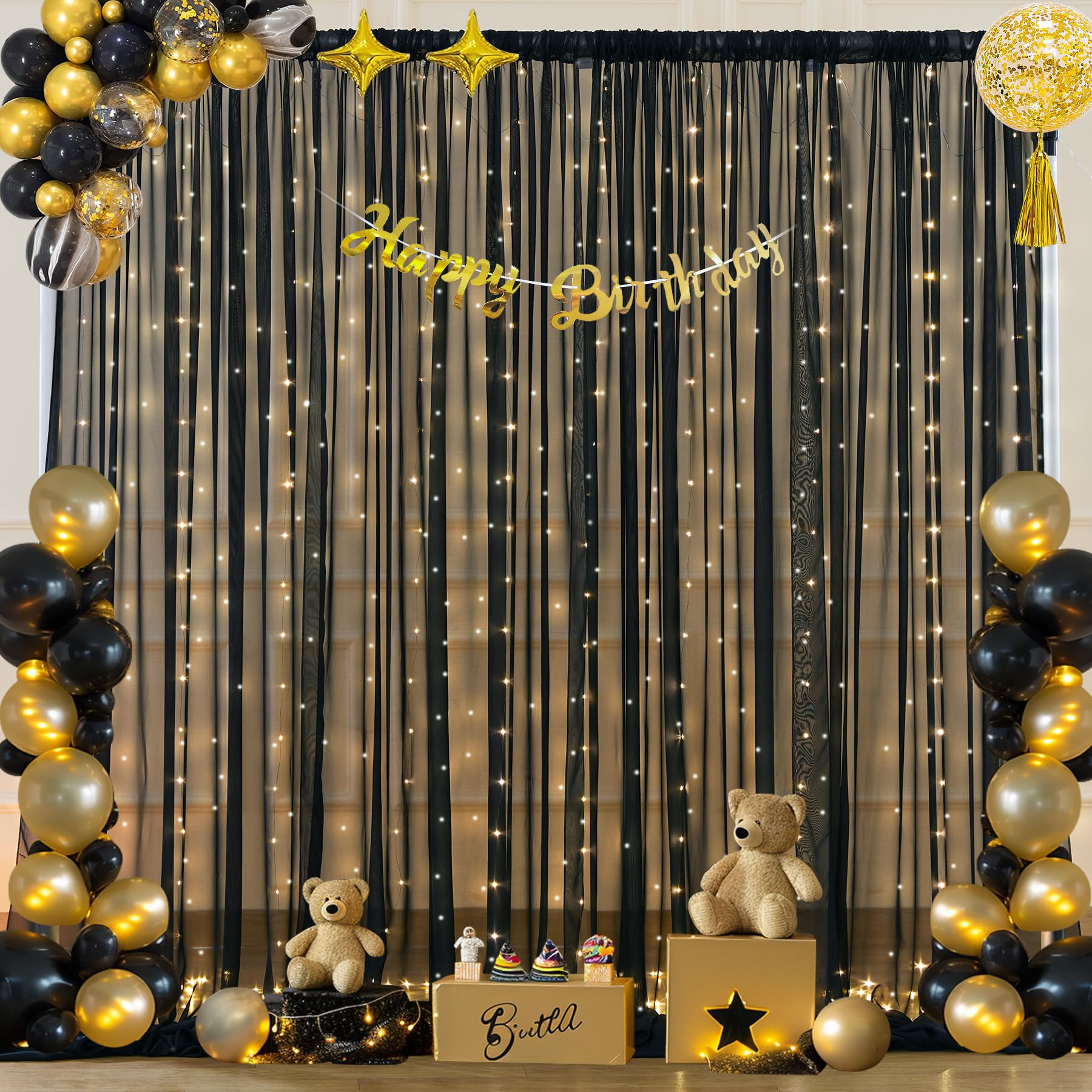 10x10ft Black Chiffon Backdrop Curtain with Lights String for Wedding Sheer Tulle Curtain Photo Backdrops Drapes for Baby Shower Birthday Party Home