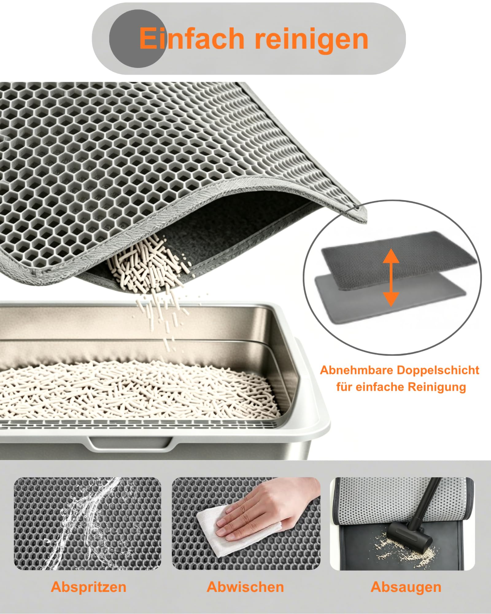 Katzenklo Matte Groß XXL 90x60 cm Waben Doppelschicht Katzenstreu Matte, Urin- & Wasserdichte Katzenklo Unterlage, Rutschfeste Katzenstreumatte für den Boden, Leicht zu reinigen, Grau