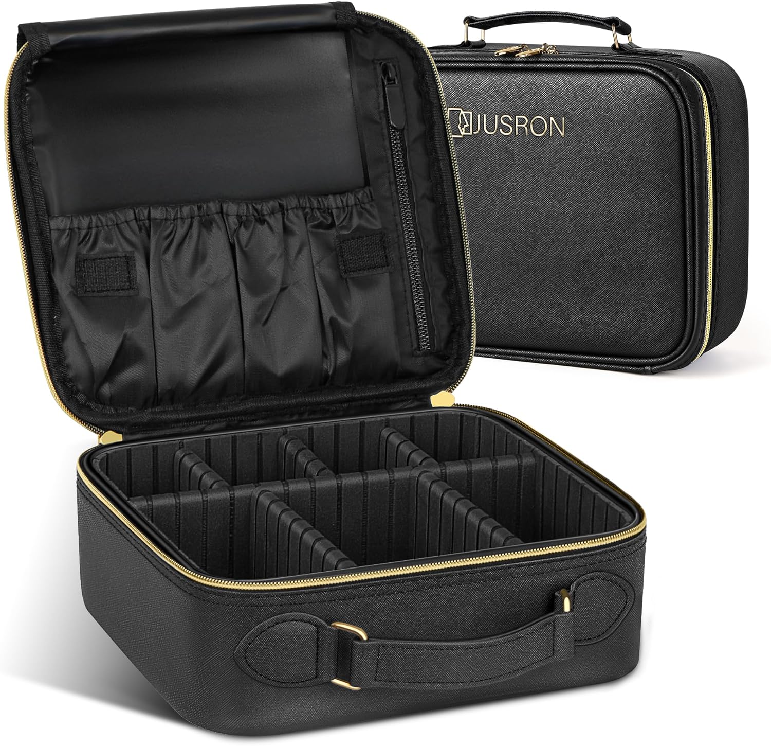 JUSRON Portable Makeup Bag with Adjustable Dividers, Makeup Brush Holder Storage (Black No Mirror, Small)