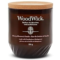 WoodWick ReNew Candela profumata con stoppino scoppiettante | Candela media di Cherry Blossom & Vanilla | Cera di cocco e soia a base vegetale | Materiali riciclati | Perfetta idea regalo per Donna