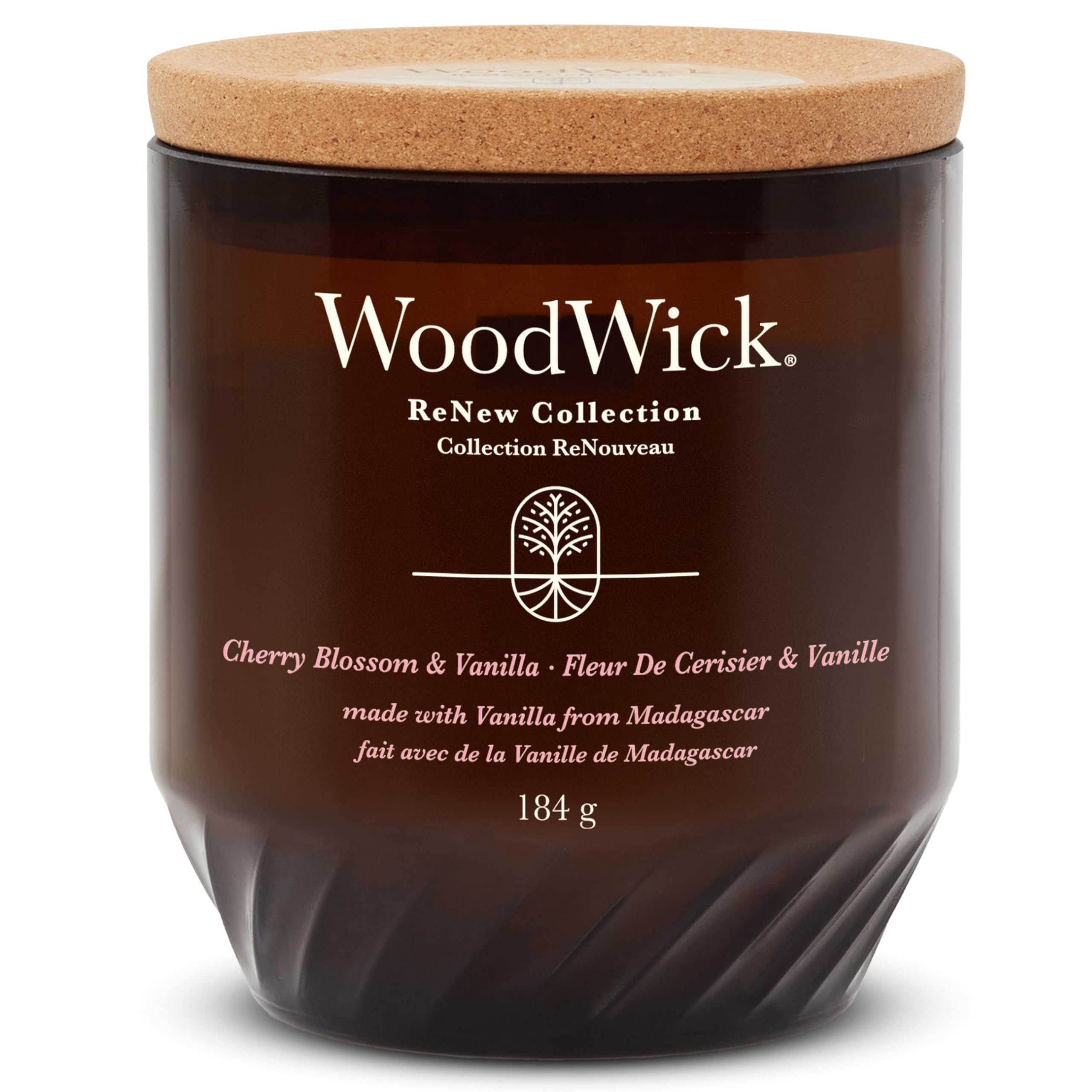 WoodWick ReNew Candela profumata con stoppino scoppiettante | Candela media di Cherry Blossom & Vanilla | Cera di cocco e soia a base vegetale | Materiali riciclati | Perfetta idea regalo per Donna