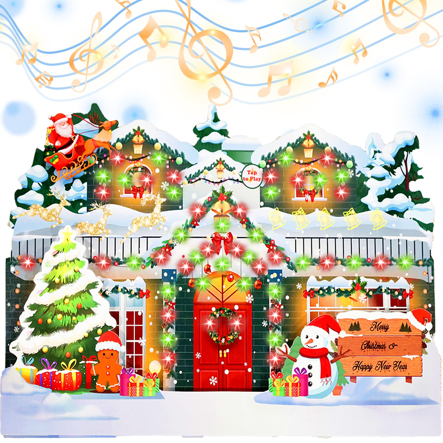 TLTH 3D Pop Up Musical Christmas Card | Light Up Animated Greeting Cards with 3 Xmas Songs & LED Lights, Tap to Play Button | Best Christmas Cards