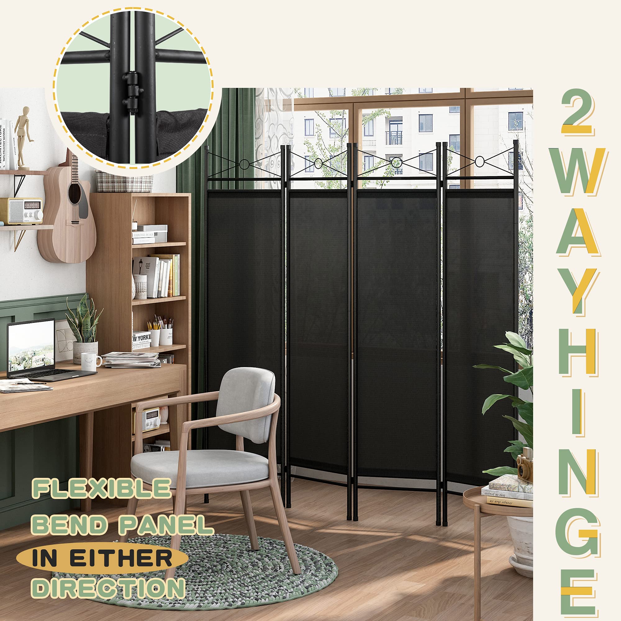 JAXSUNNY 4 Panel Fabric Room Divider Screen, Freestanding Partition