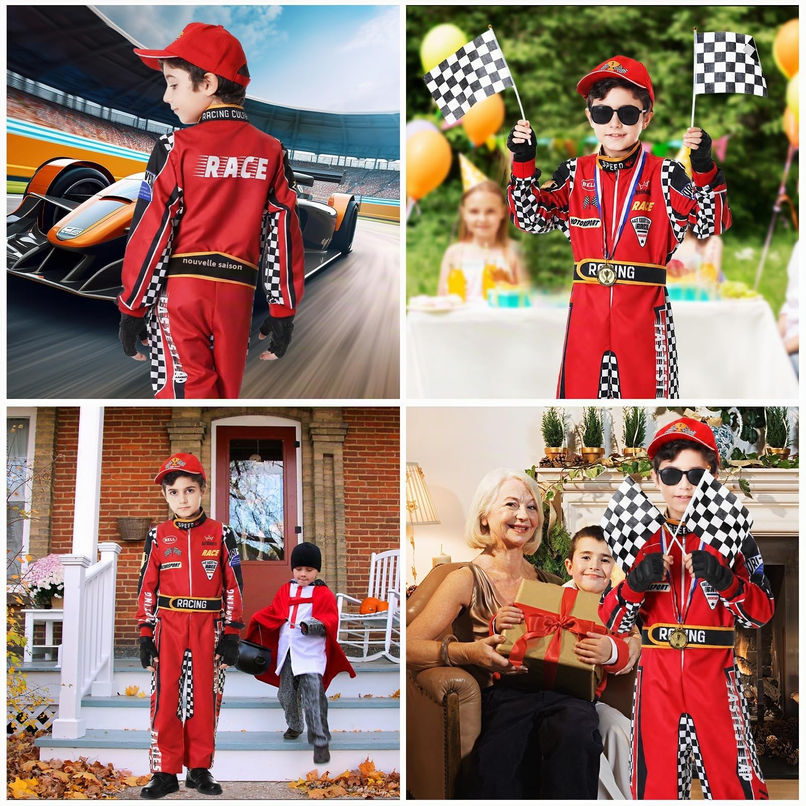 Deguisement Pilote de Course Enfant Combinaison Karting Enfant avec Casquette Costume Déguisement Pilote de Course Enfant pour Carnaval Cosplay