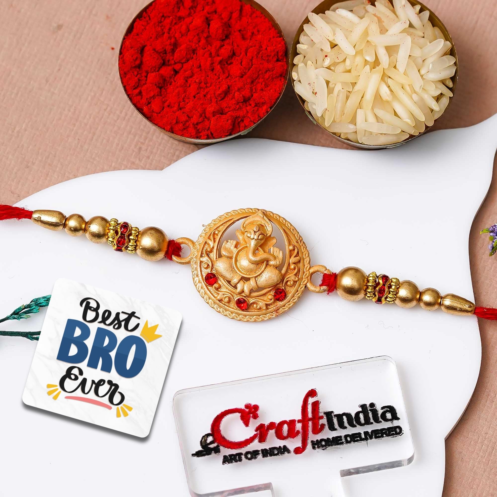 eCraftIndia Golden Blessing Lord Ganesha Designer Rakhi for Brother | Raksha Bandhan Rakhi for Bhai Bhaiya | Best Bro Ever Fridge Magnet | Roli Chawal Pack