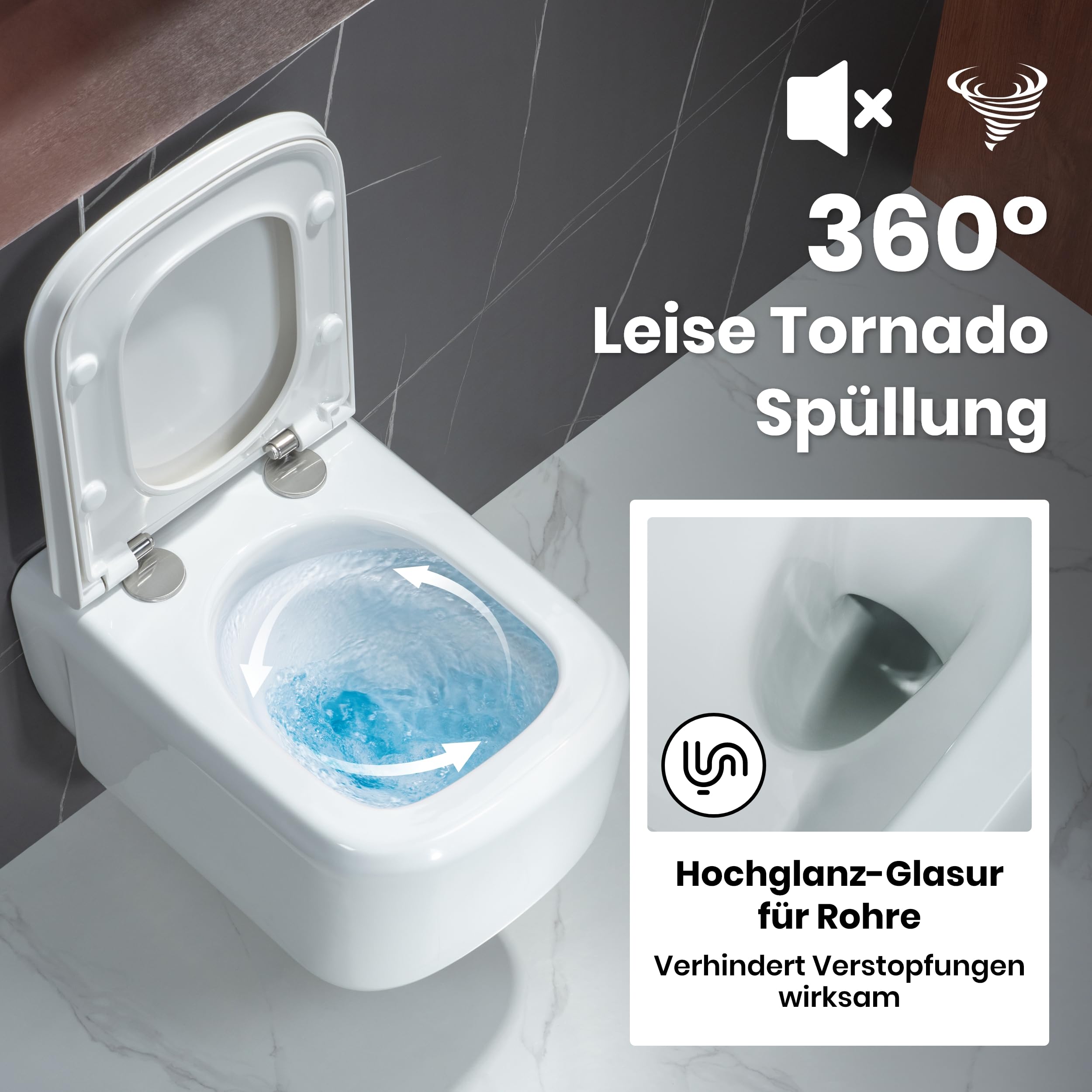 Casta Diva Wand WC, Hänge WC Spülrandlos Kraftvolle Tornado Spülung, Geräuscharm Toilette, UF Kloschüssel inklusive WC-Sitz mit Absenkautomatik und Schnellspanner, 51cm (Weiß)