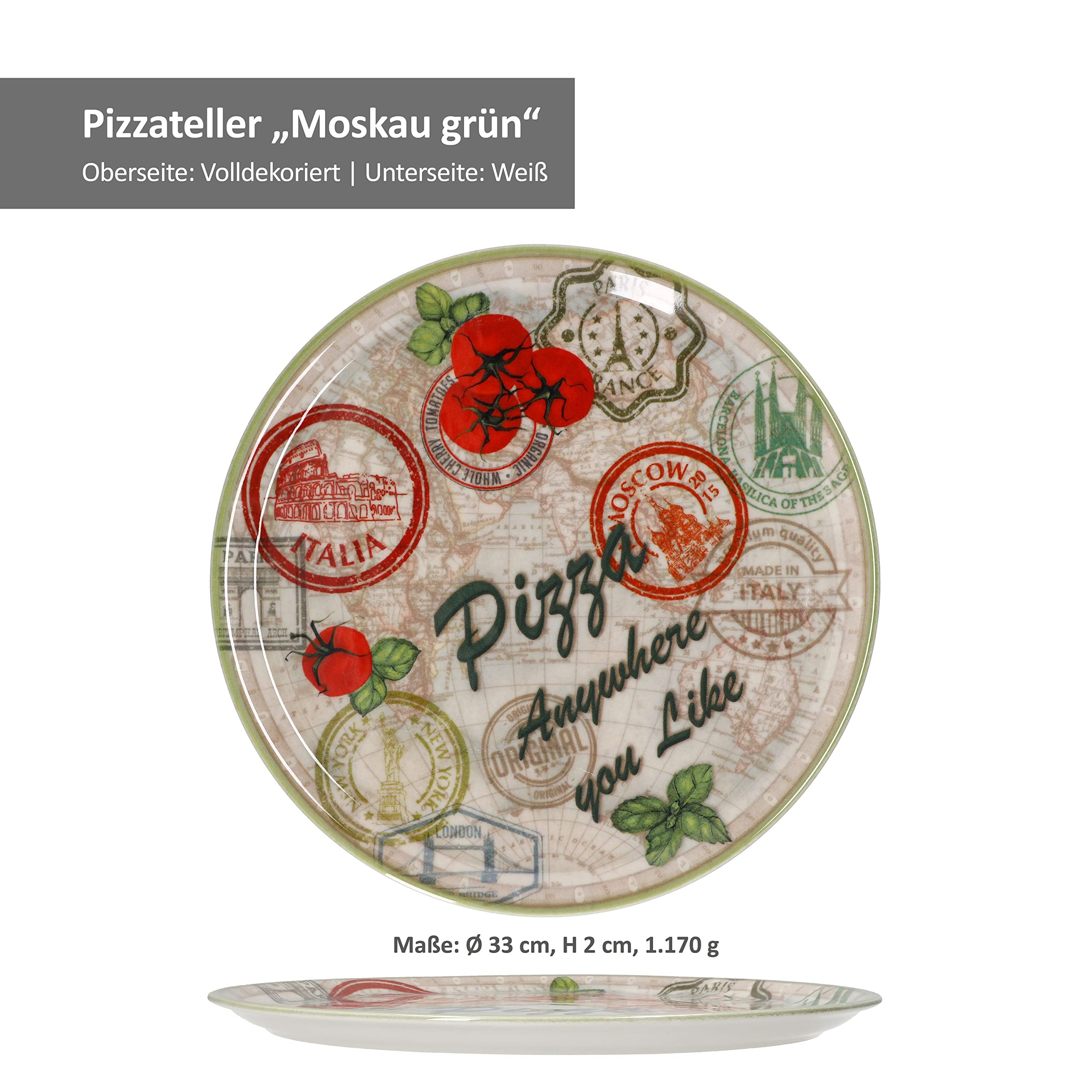 MamboCat 2er Set Pizzateller Napoli Green 33,8cm - Mediterrane Servierplatten Für Pizza & Antipasti