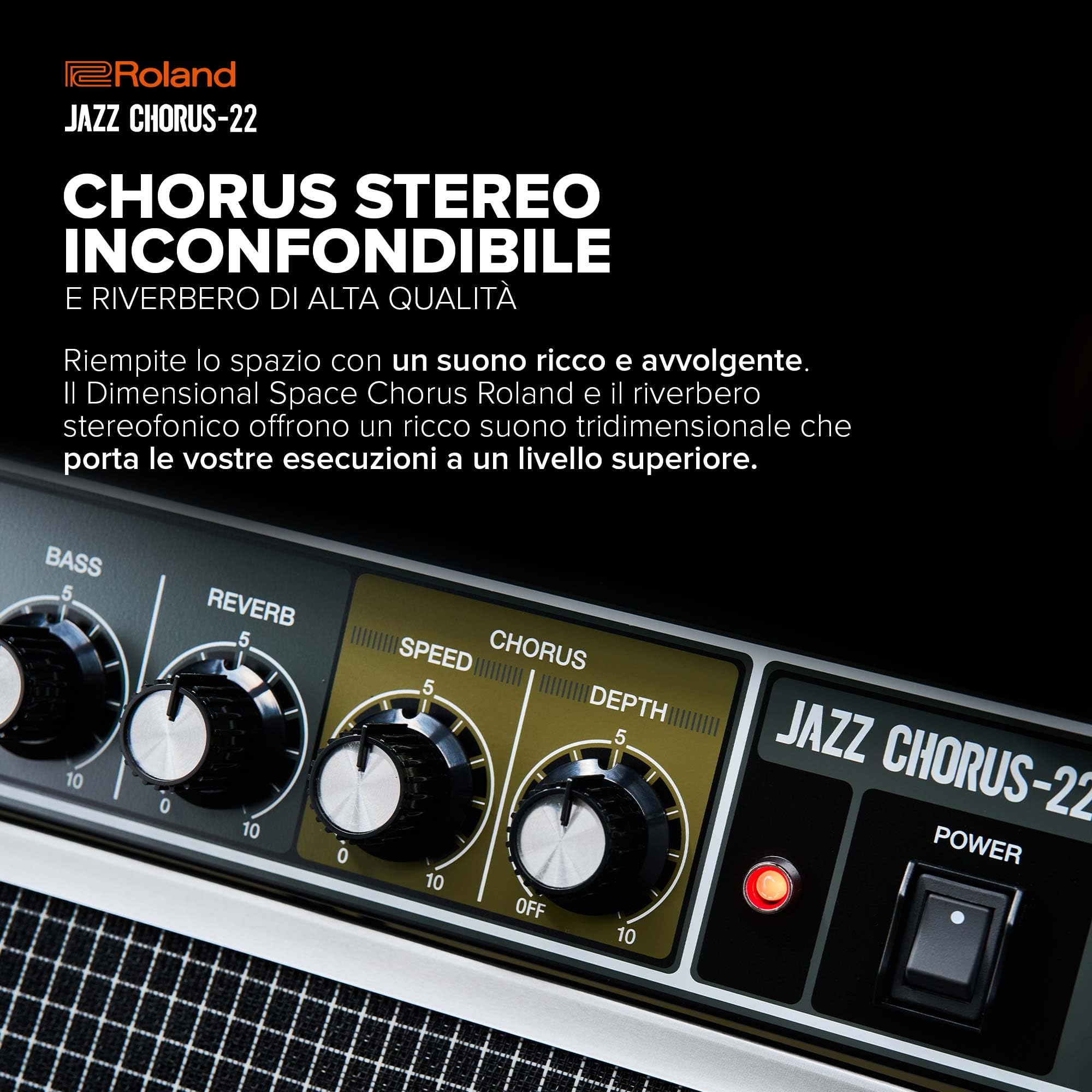 Roland JC-22 Jazz Chorus | Amplificatore per chitarra ultra-compatto | Iconico suono clean JC | Effetto chorus inconfondibile | Potente ampli stereo da 30 Watt | Due speaker da 6.5”