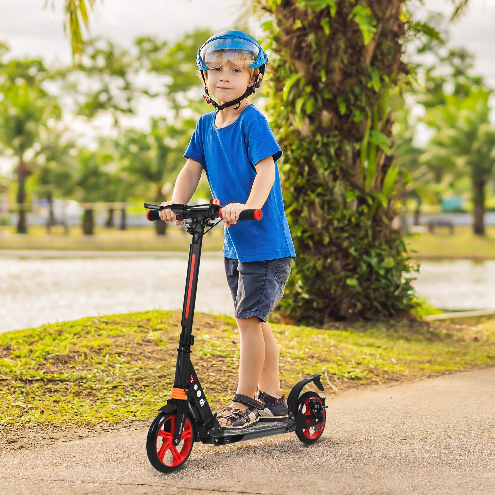 KOMFOTTEU Hulajnoga składana i z regulacją wysokości, hulajnoga z kołami PU i Kingel, w zestawie ze stojakiem i paskiem do noszenia, hulajnoga dla dzieci do 100 kg