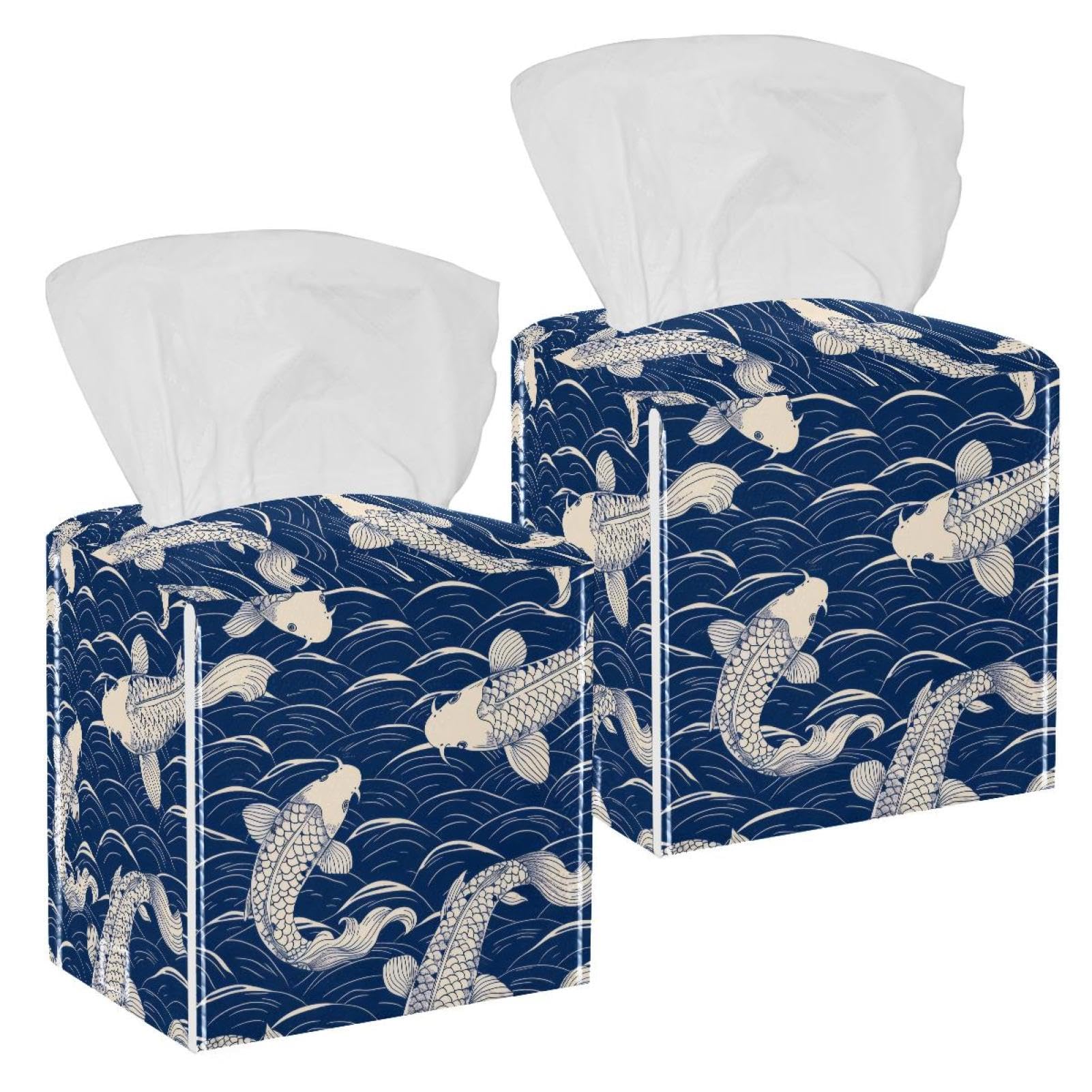 Blue Wave Fish Koi Pattern Tissue Box Cover, 2 Pack PU Leather Square Facial Tissue Dispenser Box holder for Home Office Car