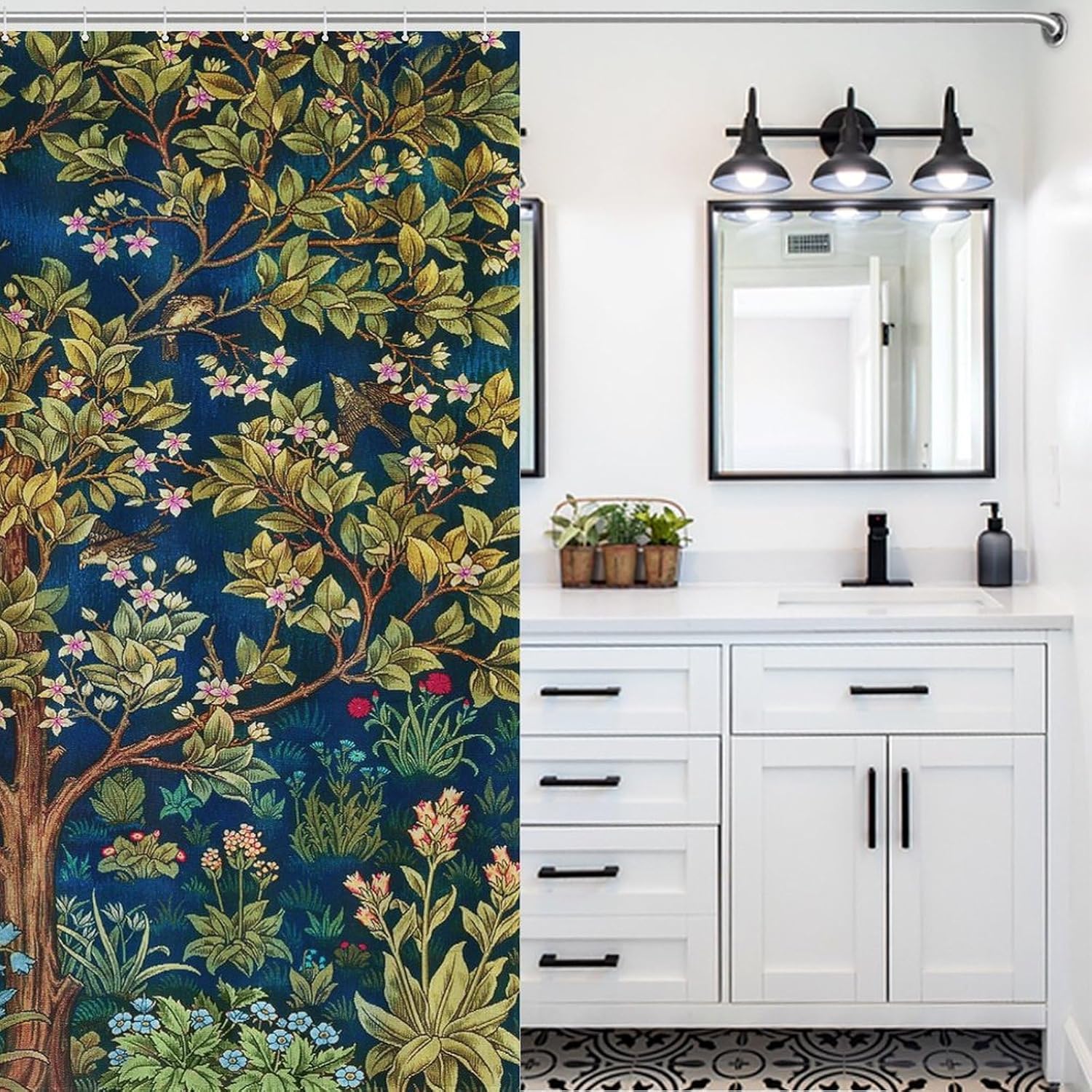 Boho William Morris Shower Curtain, Vintage Tree of Life Art Style Shower Curtain Set for Bathroom Fabric Decorative Bath Curtain Washable Curtain Hooks, 72x72”
