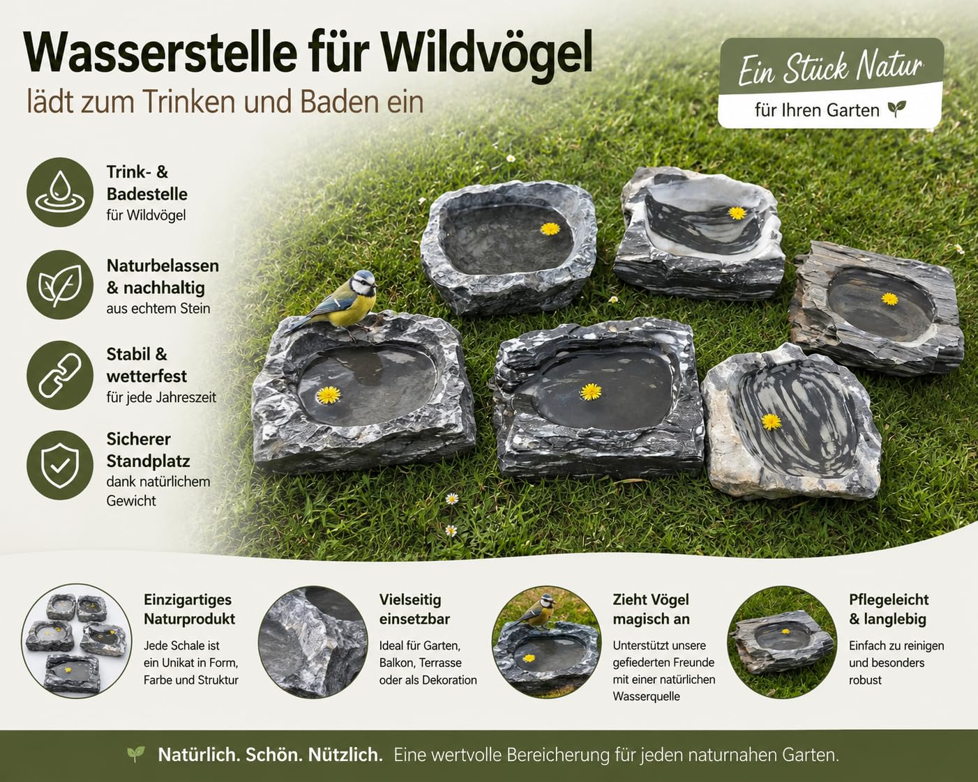 Marmor Vogeltränke | Trinkbecken Tränke für Vögel aus massivem Stein |Stilvolle Garten-Dekoration | Grau-Schwarz