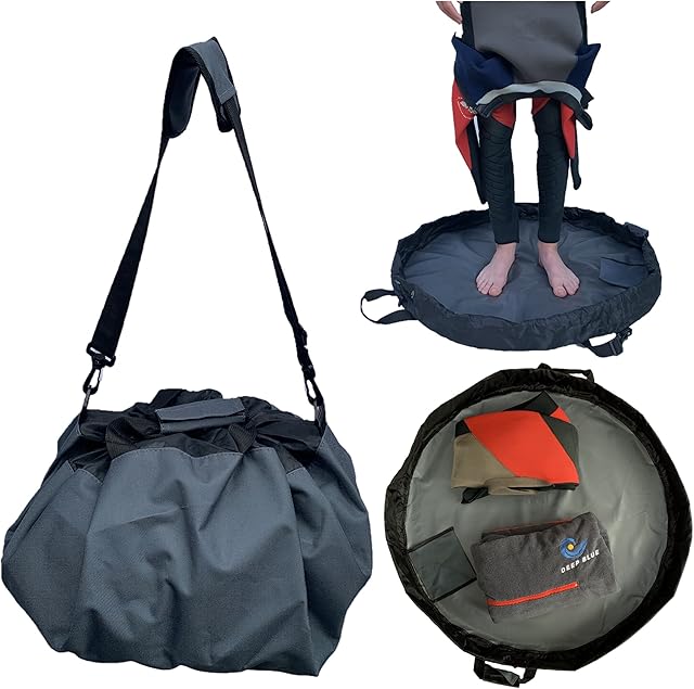 FIT 4 ME Deep Blue Wetsuit changing mat. Secure wrap handles, padded shoulder strap, Drawstring, pocket, Durable waterproof. Ideal for Water Sports Surfing Wild Swimming SUP Kayaking Triathlon