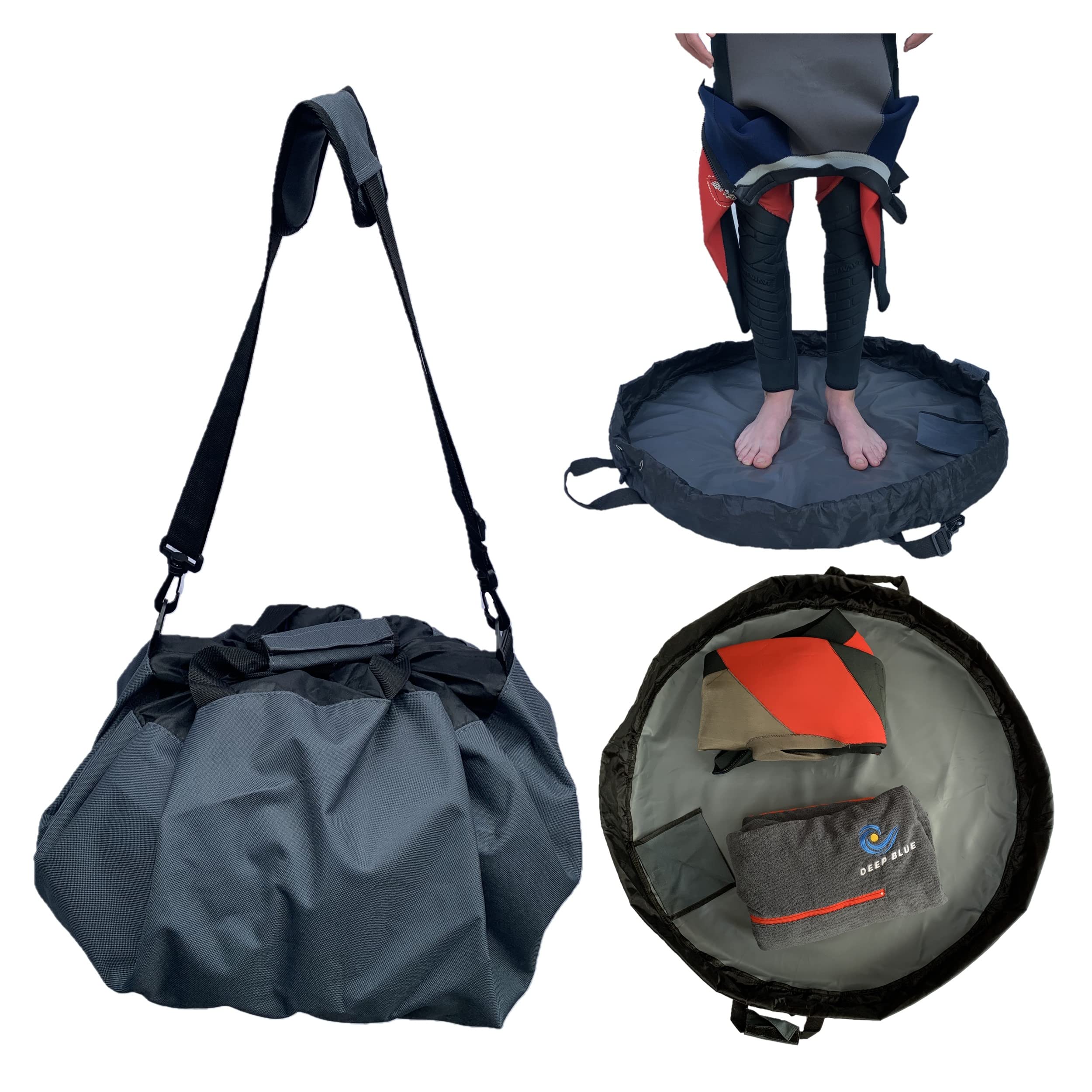 Deep Blue Wetsuit changing mat. Secure wrap handles, padded shoulder strap, Drawstring, pocket, Durable waterproof. Ideal for Water Sports Surfing Wild Swimming SUP Kayaking Triathlon