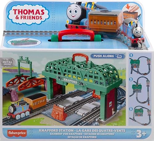 Miniatura 7 de Thomas & Friends Juego de tren y pista de juguete fundido a presión Knapford Station 2 en 1 y estuche de almacenamiento para niños preescolares a