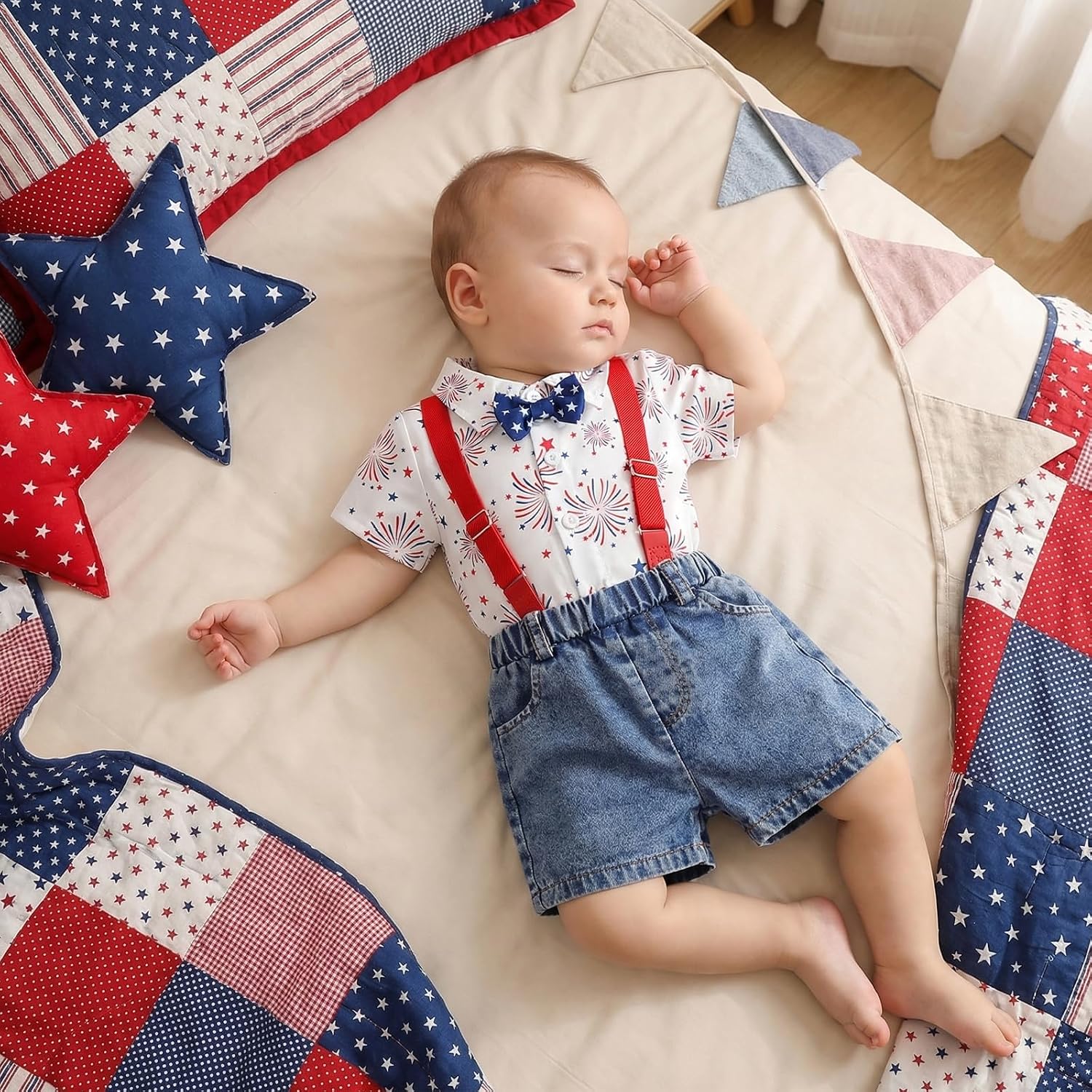 Toddler Boys 4th of July Shorts Set Stars Striped Shirt with Denim Overall Shorts Summer 2 PCS Outfit