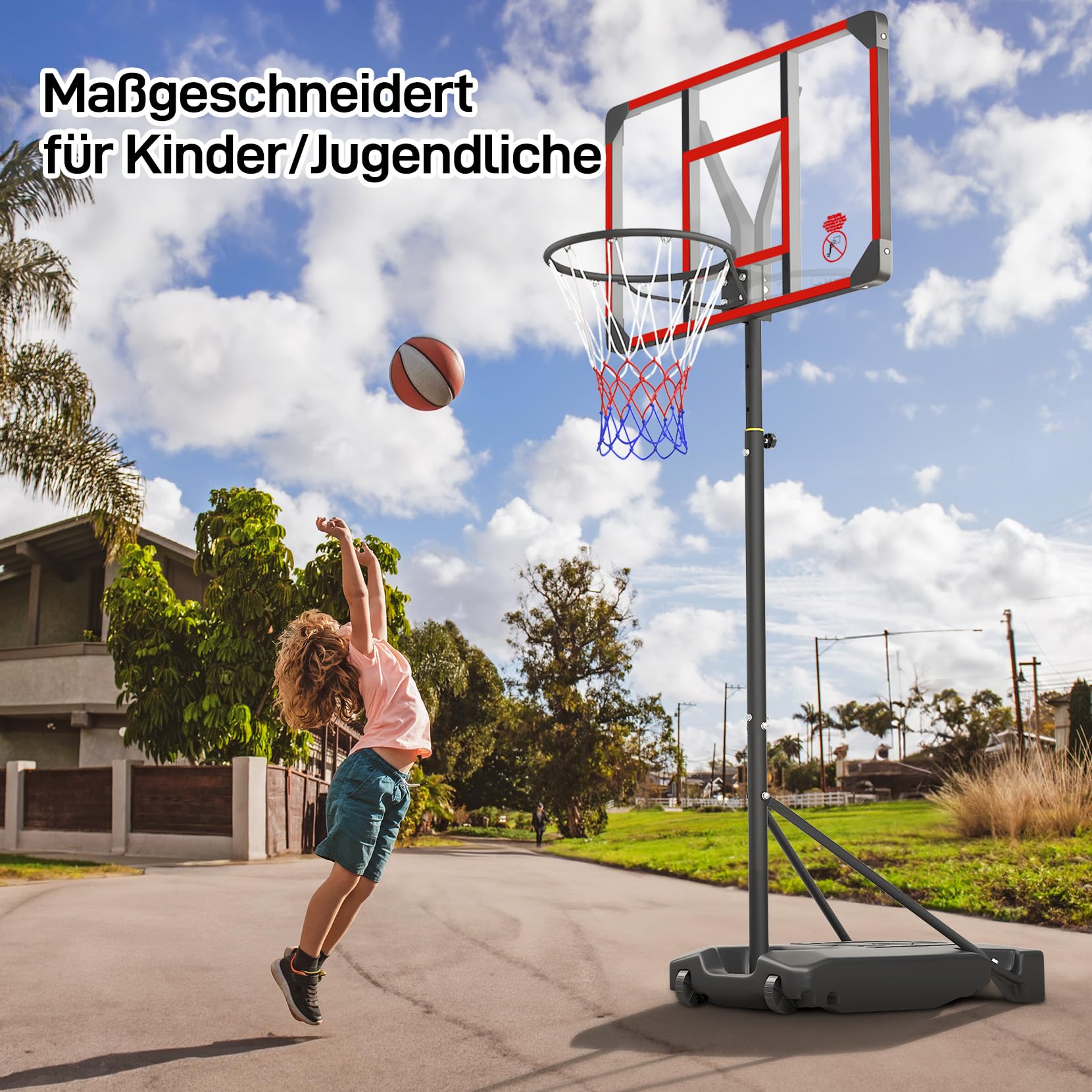 Yohood Basketballkorb Outdoor für Kinder, Höhenverstellbar 147-260cm, mit Rollen Tragbar, 82x53cm PC Rückwand