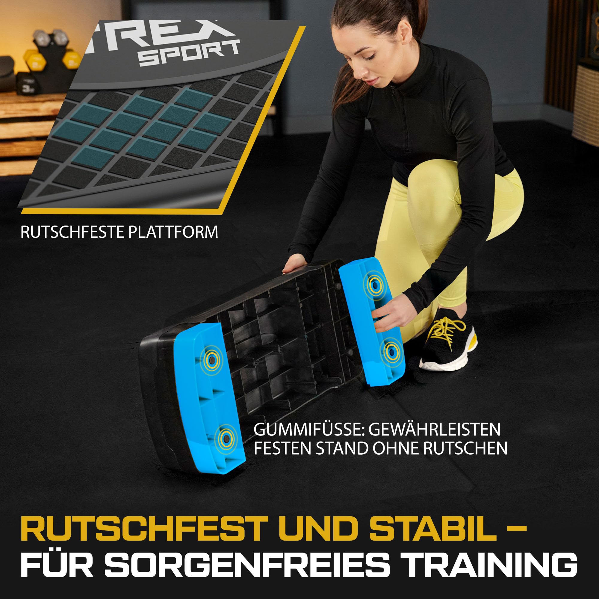 TREX SPORT Steppbrett für zuhause 3x höhenverstellbar 68×28×10/15/20cm | Aerobic Stepper 3 Stufen, rutschfest, bis 350kg belastbar, Stepboard, Blau / Gelb