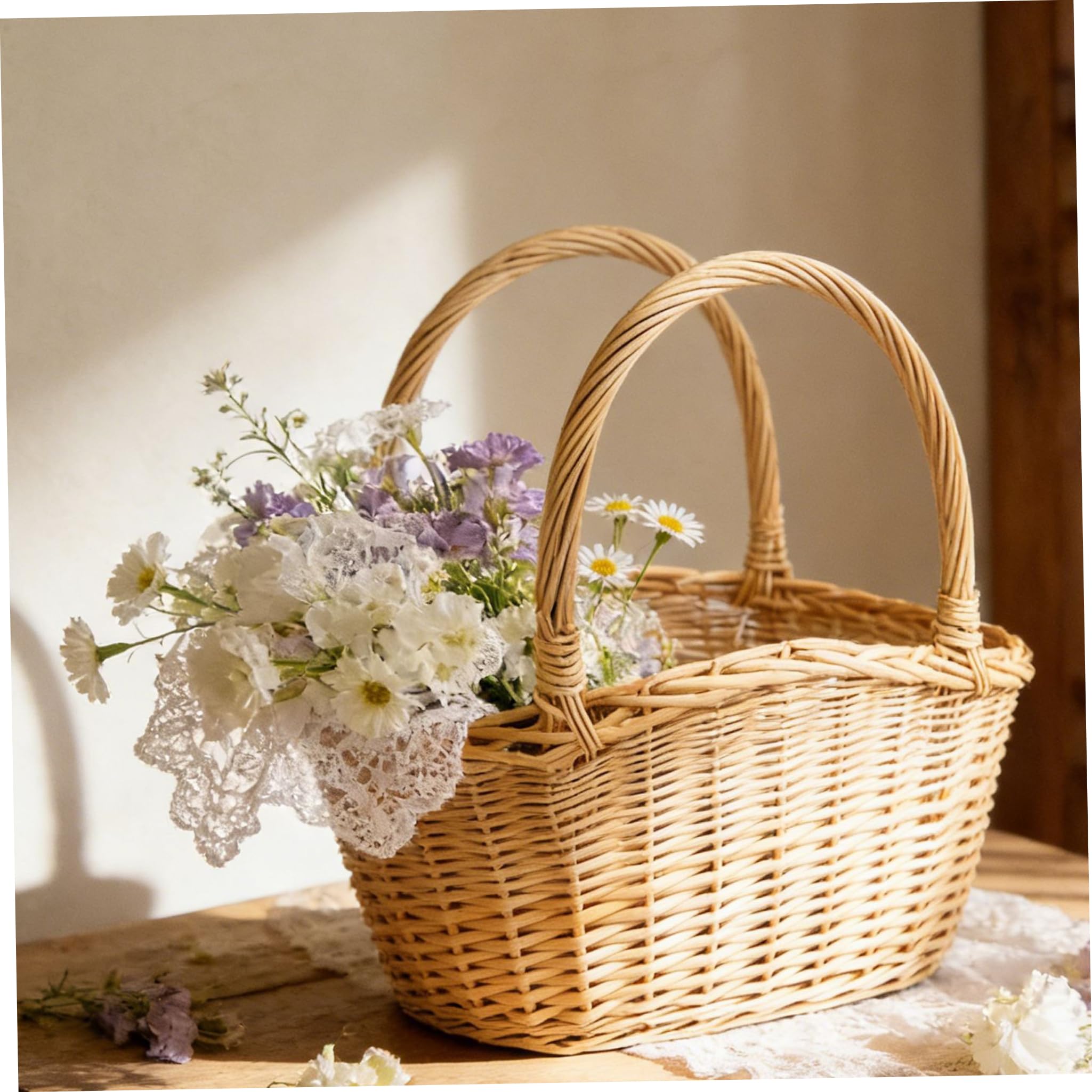 Cesta de Mimbre Tejida a Mano, Cesta de Cosecha Natural con asa para recolectar Almacenamiento de Picnic, decoración del hogar.