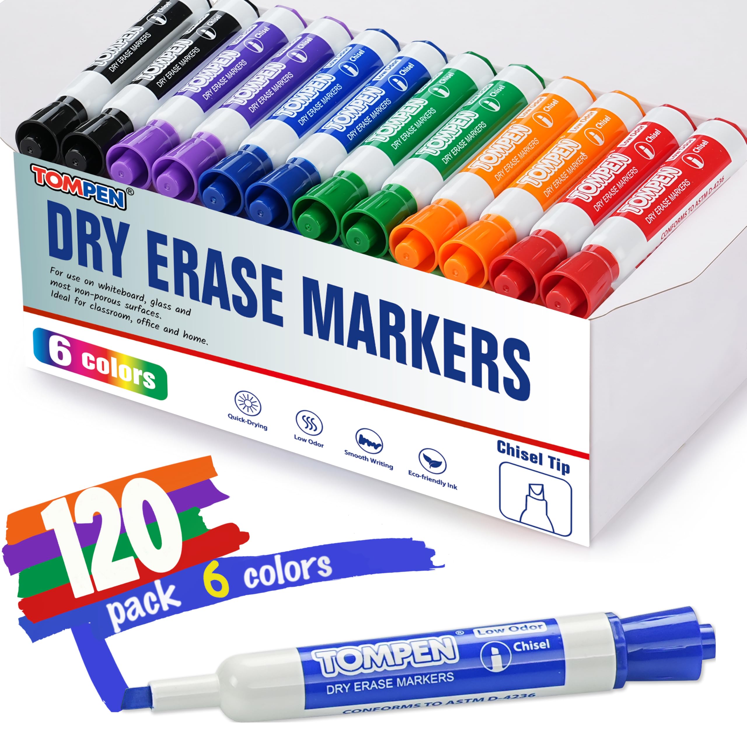 Whiteboard-Marker, trocken abwischbar, 120 Stück, 6 verschiedene Farben, Keilspitze, Whiteboard-Marker für Erwachsene, Lehrer, Geschenke, ungiftig, geruchsarm, Großpackung für Klassenzimmer