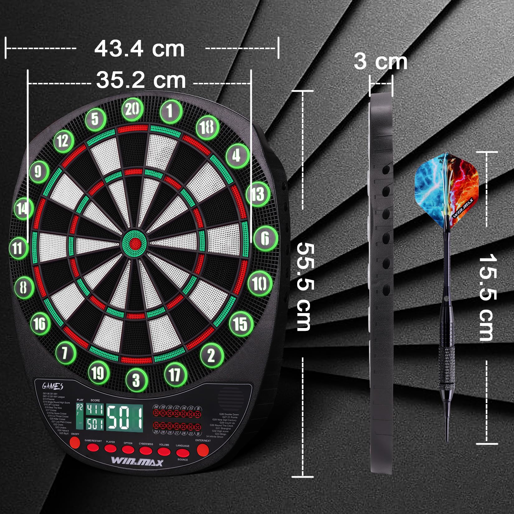 WIN.MAX Juego de Diana Electrónica Profesional 34 Juegos 354 Variantes 3 Idiomas Verde Rojo con Luces