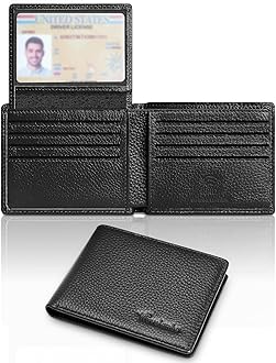 Travelambo100% Genuine Leather Wallet for Men with Gift Box - Handmade Bifold Stylish - Rfid Wallet for Men with 2 ID Windows, Lychee Black, 4.5“x3.5”, Minimalist