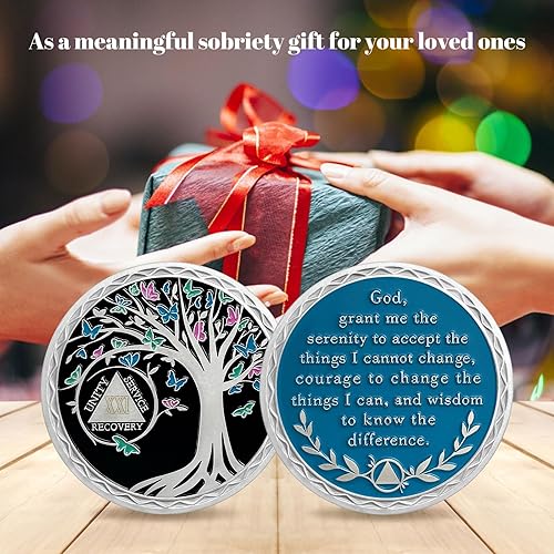 Miniatura 6 de CHURYUML Moneda de sobriedad de 21 años Árbol de la vida con chip de sobriedad AA Medallones de recuperación de fichas sobrias, regalos de sobriedad