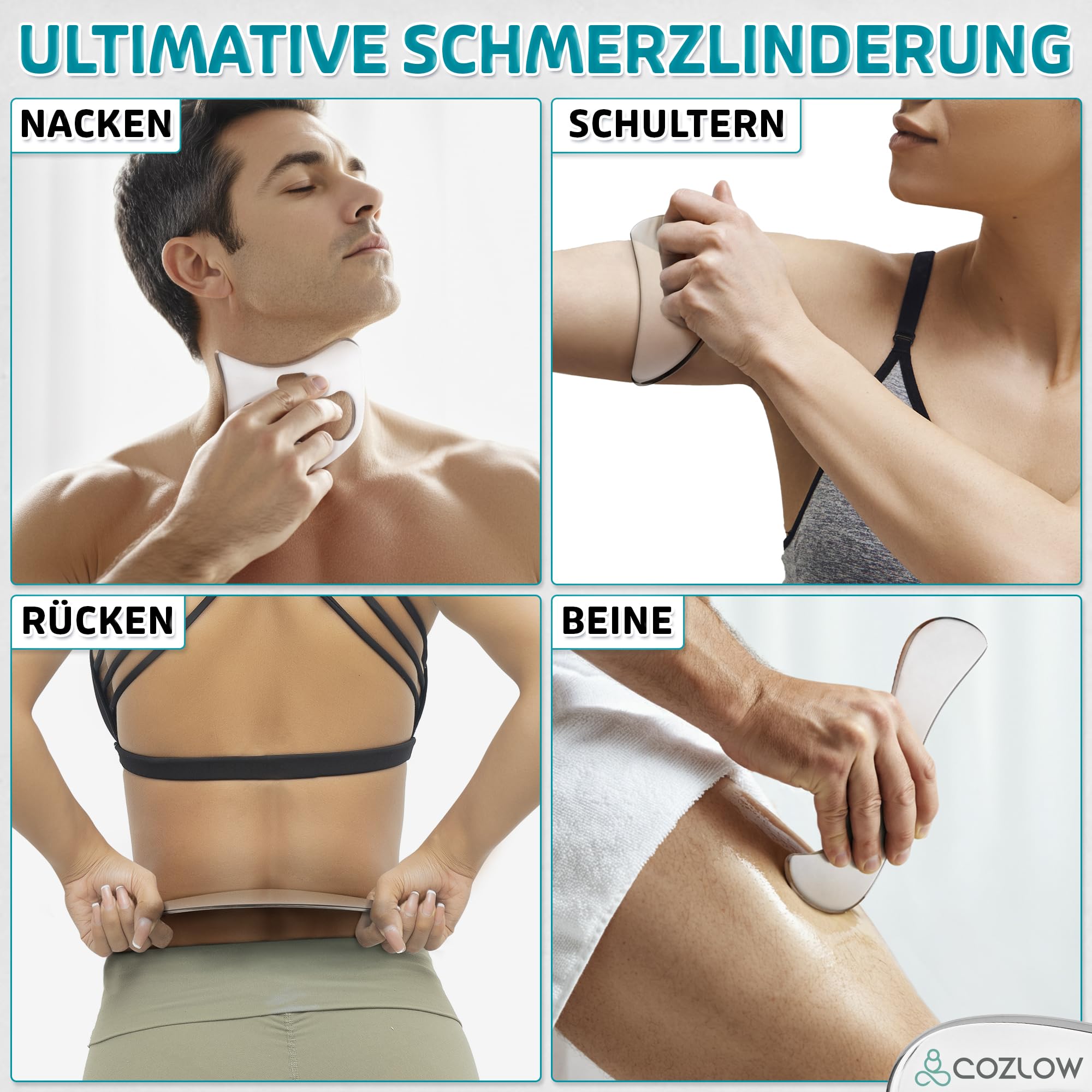 4-in-1 Faszienschaber-Set – Muskelschaber aus Edelstahl | Die weichen Gewebemobilisierungswerkzeuge von Cozlow sind ultra-glatt und poliert, um sicher zu gleiten