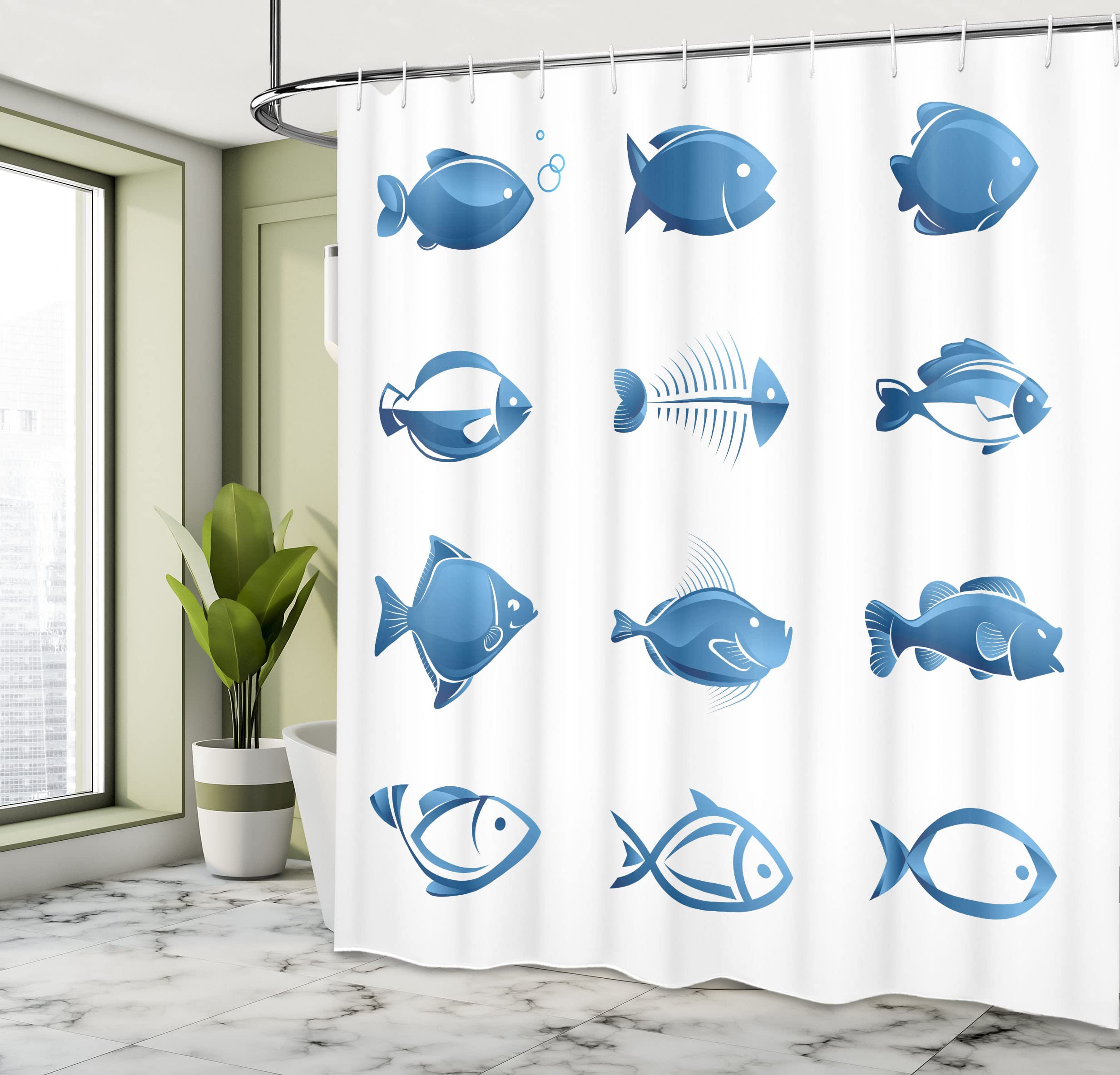 ABAKUHAUS Ancora Tenda da Doccia, Nautical semplice Classic, Tessuto Set di Decorazioni per il Bagno con Ganci, 175 x 200 cm, Blu Bianco