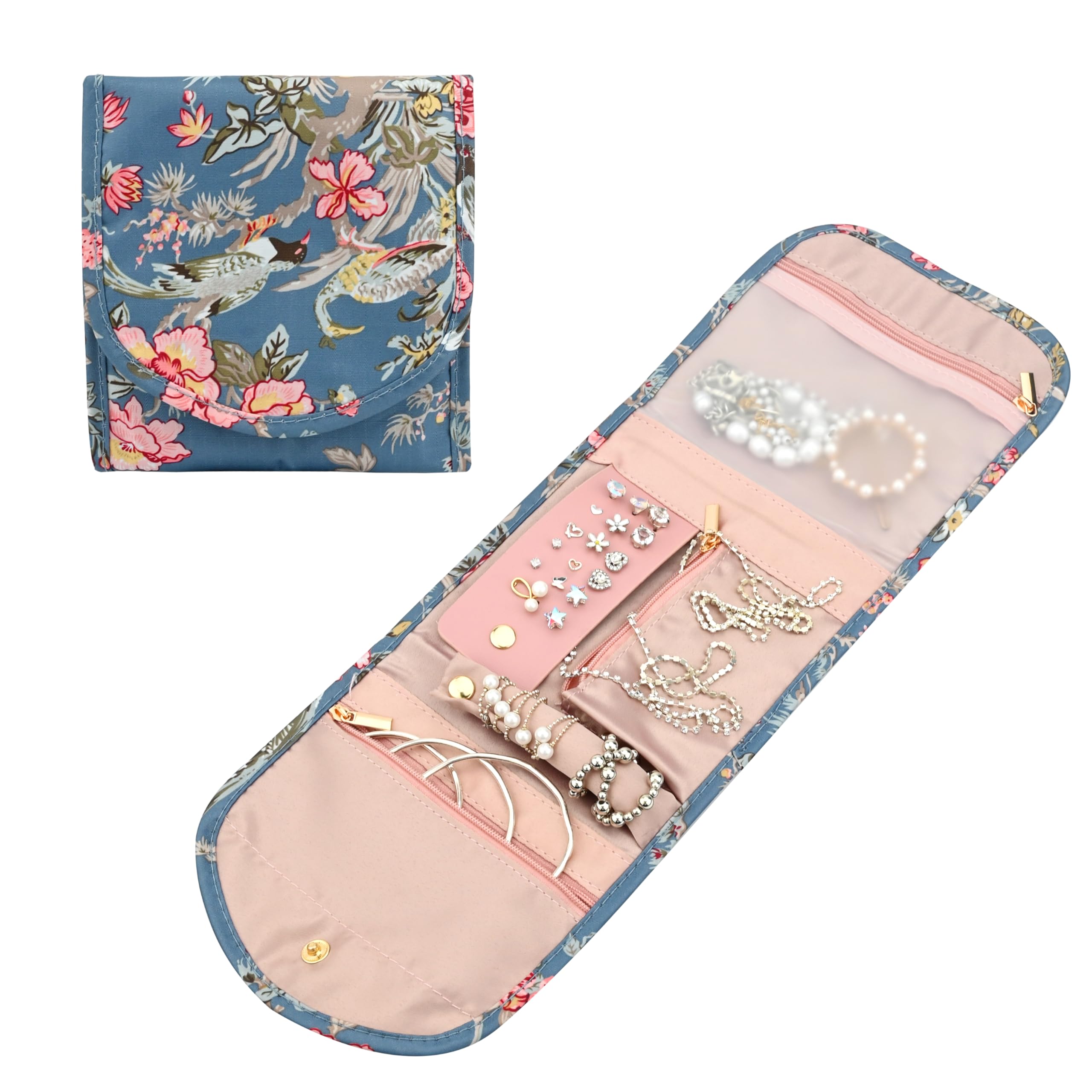 Fadcaer Travel Jewellery Organizer Roll Women Girl Mini Portable Foldable Jewelry Storage Bag Large Capacity Jewellery Pouch with Zippered Pocket Practical for Rings Necklaces Bracelets Earrings