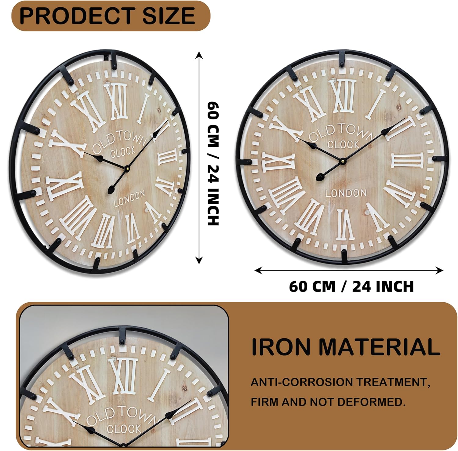 Large Farmhouse Rustic Wooden Wall Clock with Metal Frame and Large Engraved Numbers，Oversized Silent Retro Metal Wood Face Decorative Clock for Office Kitchen Bedroom Living Room (White, 24 inch)