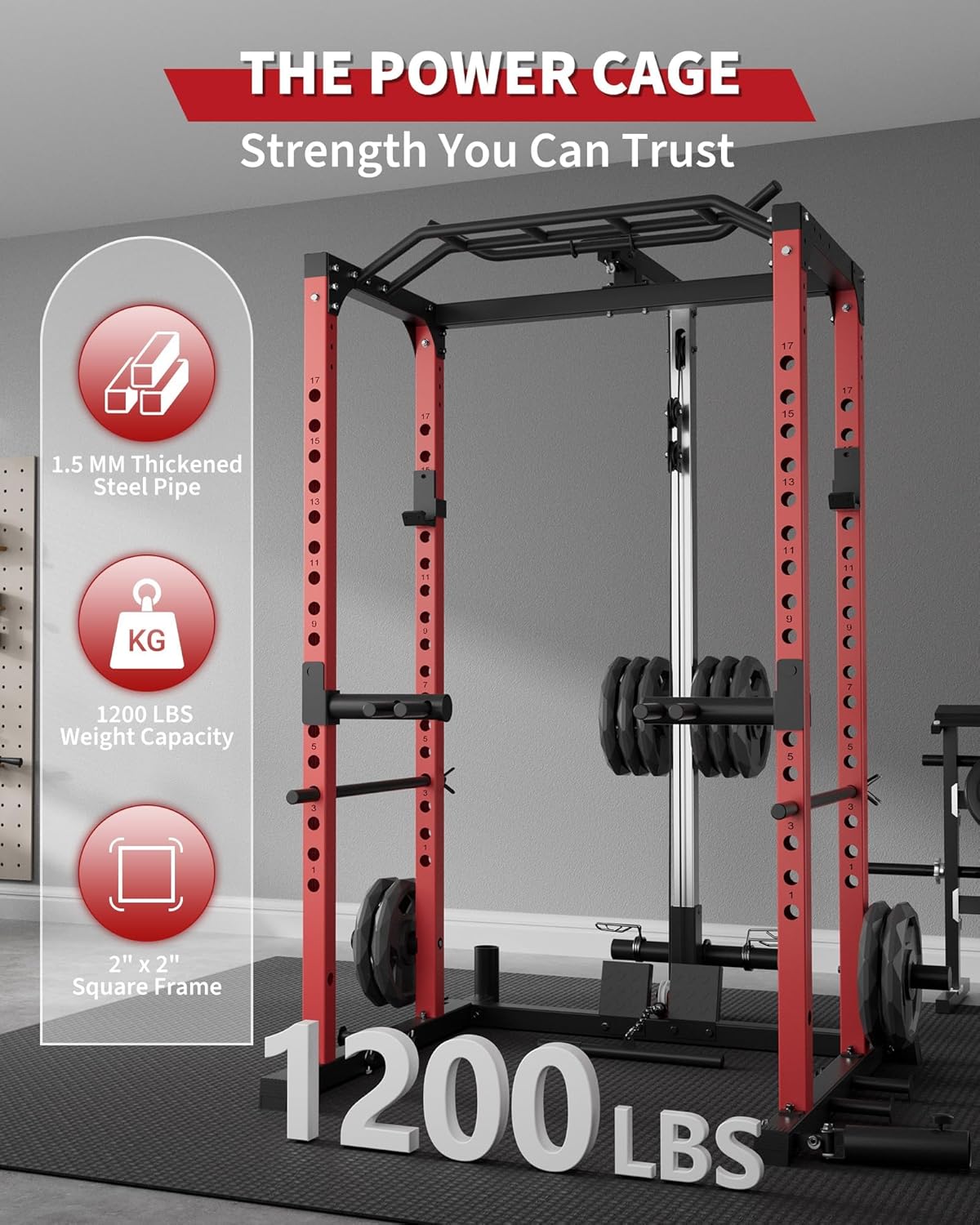 1200LBS Power Cage Squat Rack with Pulley System, Multi-Functional Home Gym Power Rack with LAT Pulldown, Dip Handles, j-Hooks & Landmine, Heavy Duty Weight Lifting Strength Training Equipment