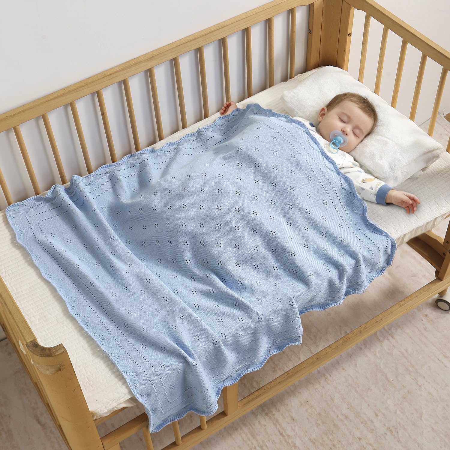 Loyfoky Cellular Blanket Baby 100% Luxury Cotton Soft & Cozy for Boy Girl Newborns Swaddle,Nursery,Pram,Cot,Blue 100x80cm - Image 2