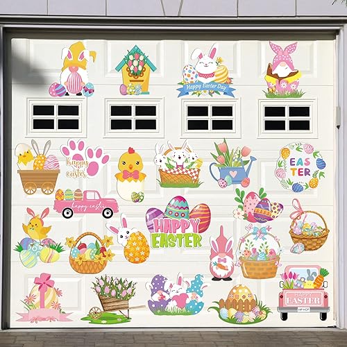 Juego de 24 calcomanías magnéticas para decoración de puerta de garaje de Pascua con imanes de nevera de Pascua huevos de conejo imanes de gnomo
