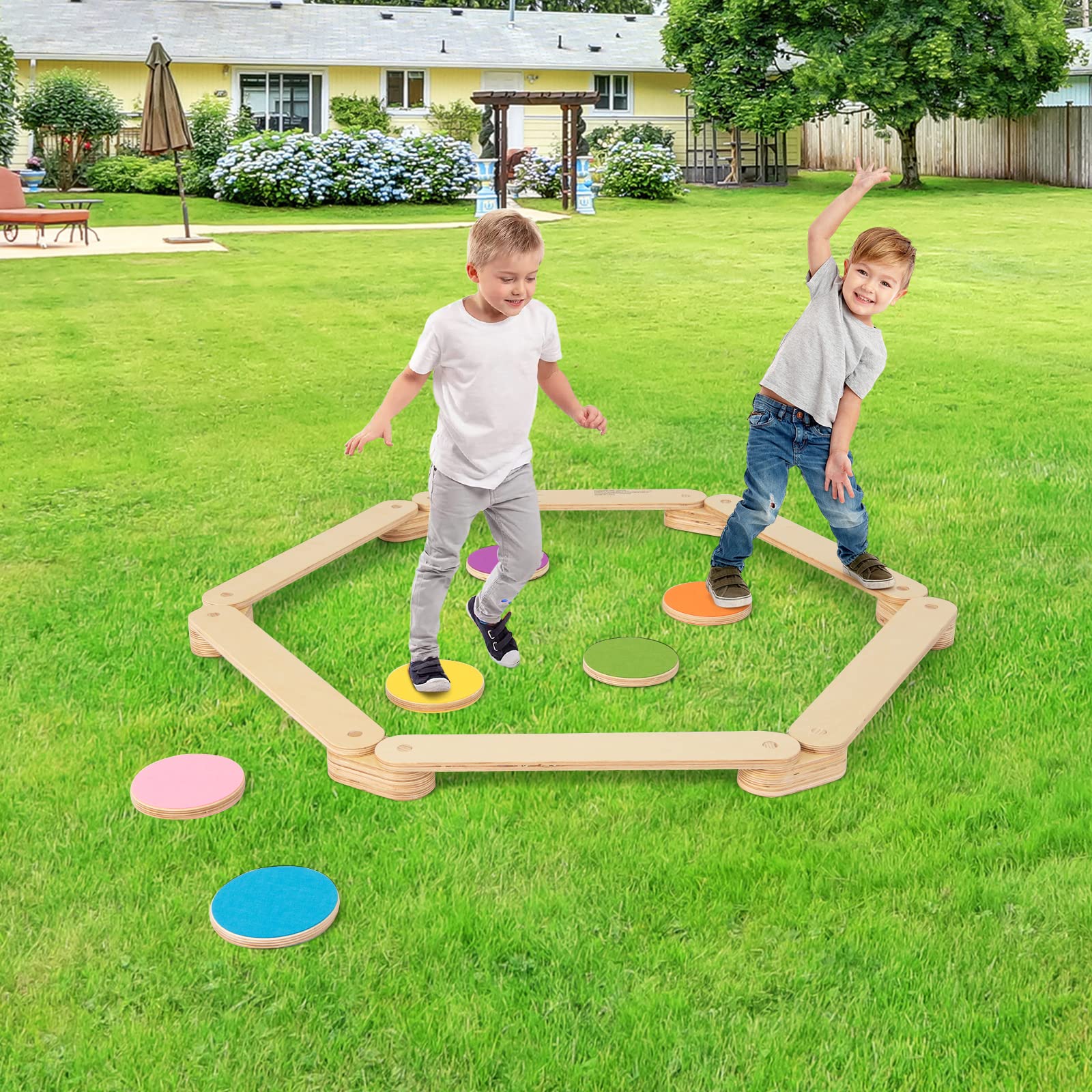 RELAX4LIFE 12 Pezzi 6 Pietre Miliari d’Equilibrio per Bambini con 6 Trave in Legno e 6 Connettori, Combinazione Libera, in Legno Naturale per Ginnastica ad Ostacoli, per Interni ed Esterni, 3-7 Anni