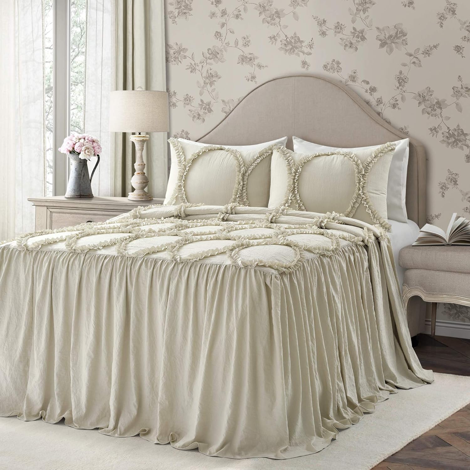 Elegant Neutral King Bedspread Set with Ruffled Ribbon Embroidery