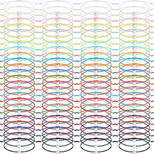 Cunno 100 pulseras de la amistad, pulseras de deseos a granel, pulsera de corazón de cuerda ajustable, pulsera de estrella, regalos motivacionales