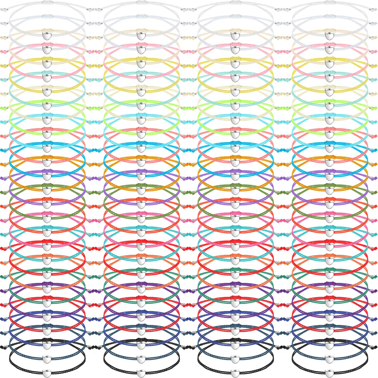 Cunno 100 Pcs Heart Friendship Bracelets Bulk for Kids Wish Bracelets Colorful Adjustable String Motivational Jewelry Gifts for Women Girls