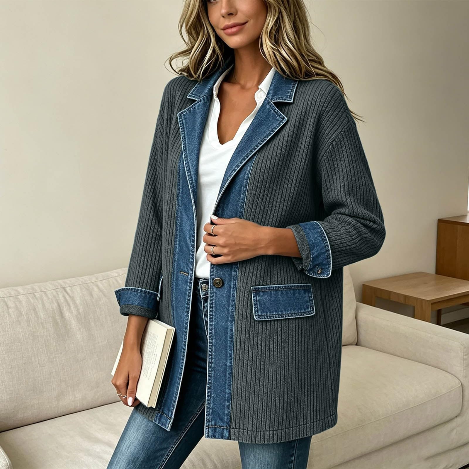 Damenmode Jacke Reverskragen Knöpfe Taschen Langarm Gestrickt Jeansstoff