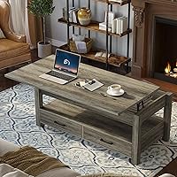 Vista 2 de Rolanstar - Mesa auxiliar, mesa de centro de 47.2 pulgadas con cajones y compartimento oculto, mesa central retro con tablero de elevación de Washed