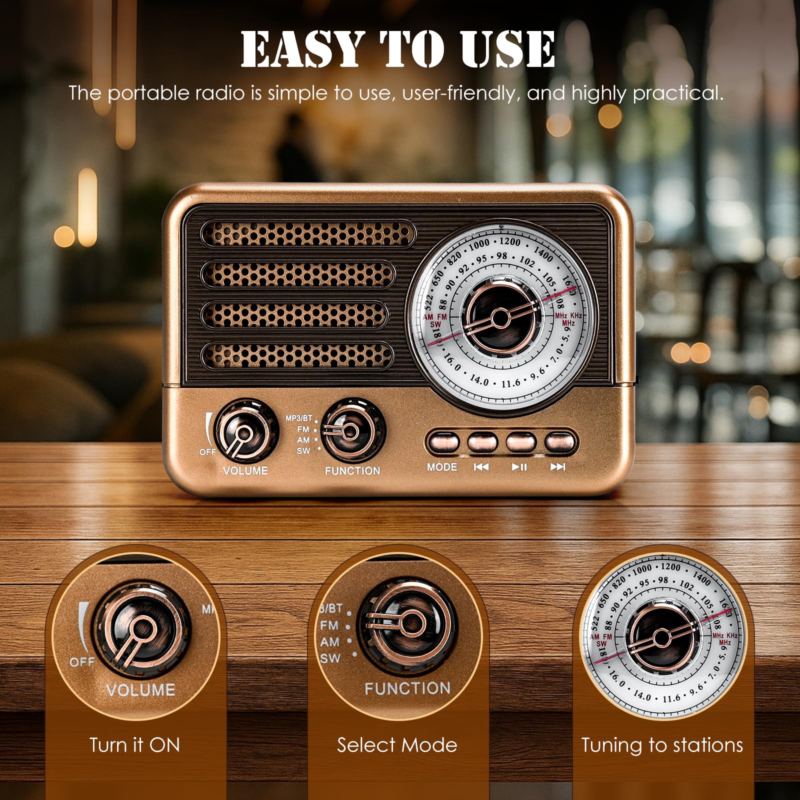 3-Band tragbares Radio mit Bluetooth, MP3-Player, USB/TF-Wiedergabe, LED-Taschenlampe und wiederaufladbarem Akku - Handheld-Akku-betriebenes FM/AM/SW-Radio für Outdoor (Goldene)