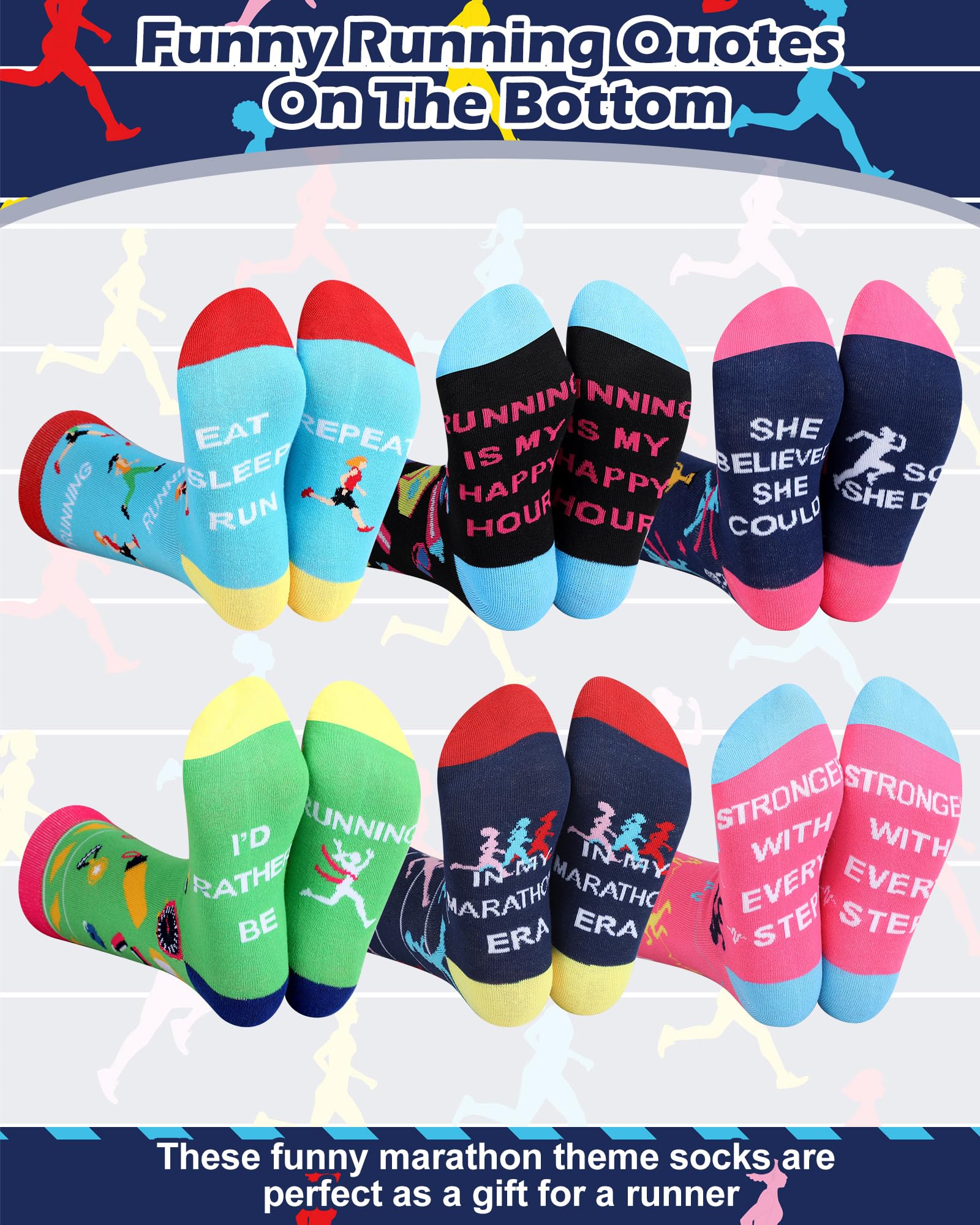 Glitopper 6 Pairs Funny Runner Socks for Women Novelty Running Cotton Crew Socks Marathon Gifts for Running Lovers