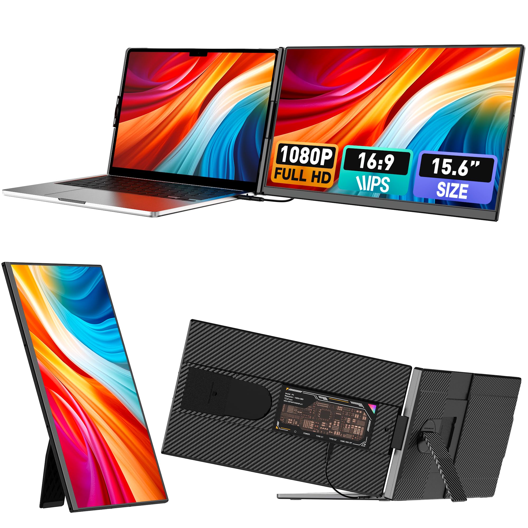 Kwumsy Monitor Portatile 15,6 Pollici, 1920x1080P FHD IPS Portable Monitor Schermo, 86% NTSC Schermo Monitor Portatile Staccabile, Plug and Play Doppio Monitor Portatile Per Laptop/Mac/ Wins/Chrome