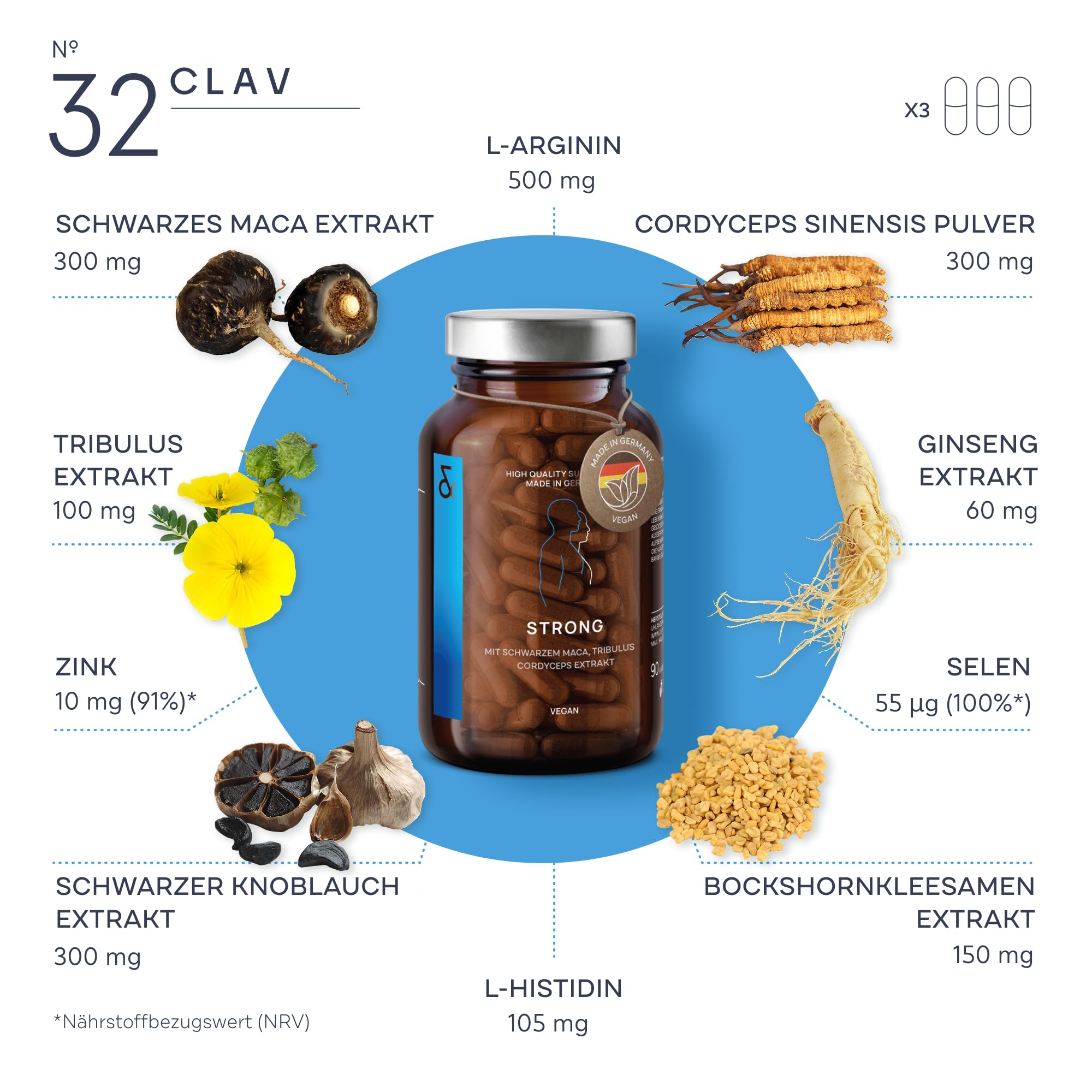 3er Set - N°32 Strong - Black Maca Kapseln hochdosiert mit Tribulus terrestris, Cordyceps sinensis, schwarzer Knoblauch, Ginseng, Zink & Selen - 270 Kapseln