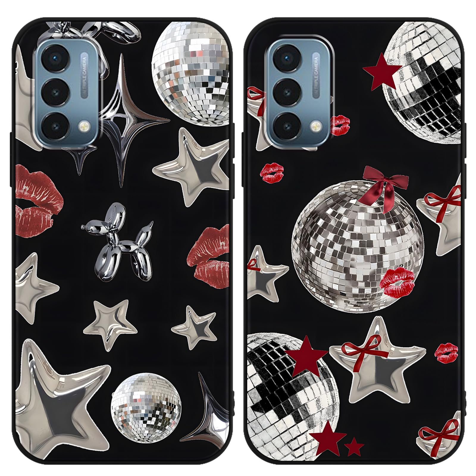2 Pack Stylish Star Phone Case for OnePlus Nord N200 5G 6.49",Y3K Cute Stars Kawaii Bow Cases Lips Print Disco Ball Red Ribbon Pattern Cases for Girls Women Boys,Soft Silicone TPU Protective Cover