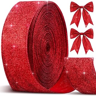Cindeer 50 Yards Christmas Red Glitter Ribbon 2.5 Inch Metallic Wired