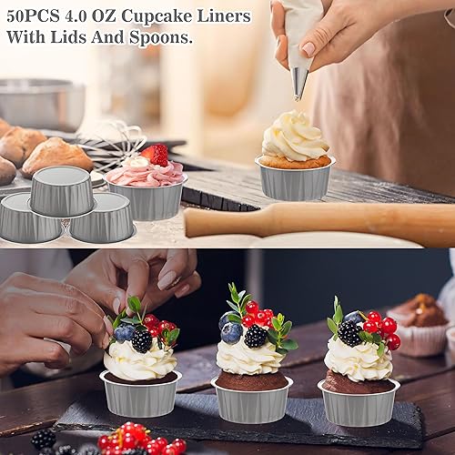 Miniatura 7 de Mini moldes para pasteles con tapas, 50 forros para cupcakes de 4 onzas con tapas, moldes desechables para hornear, moldes de aluminio con tapas,
