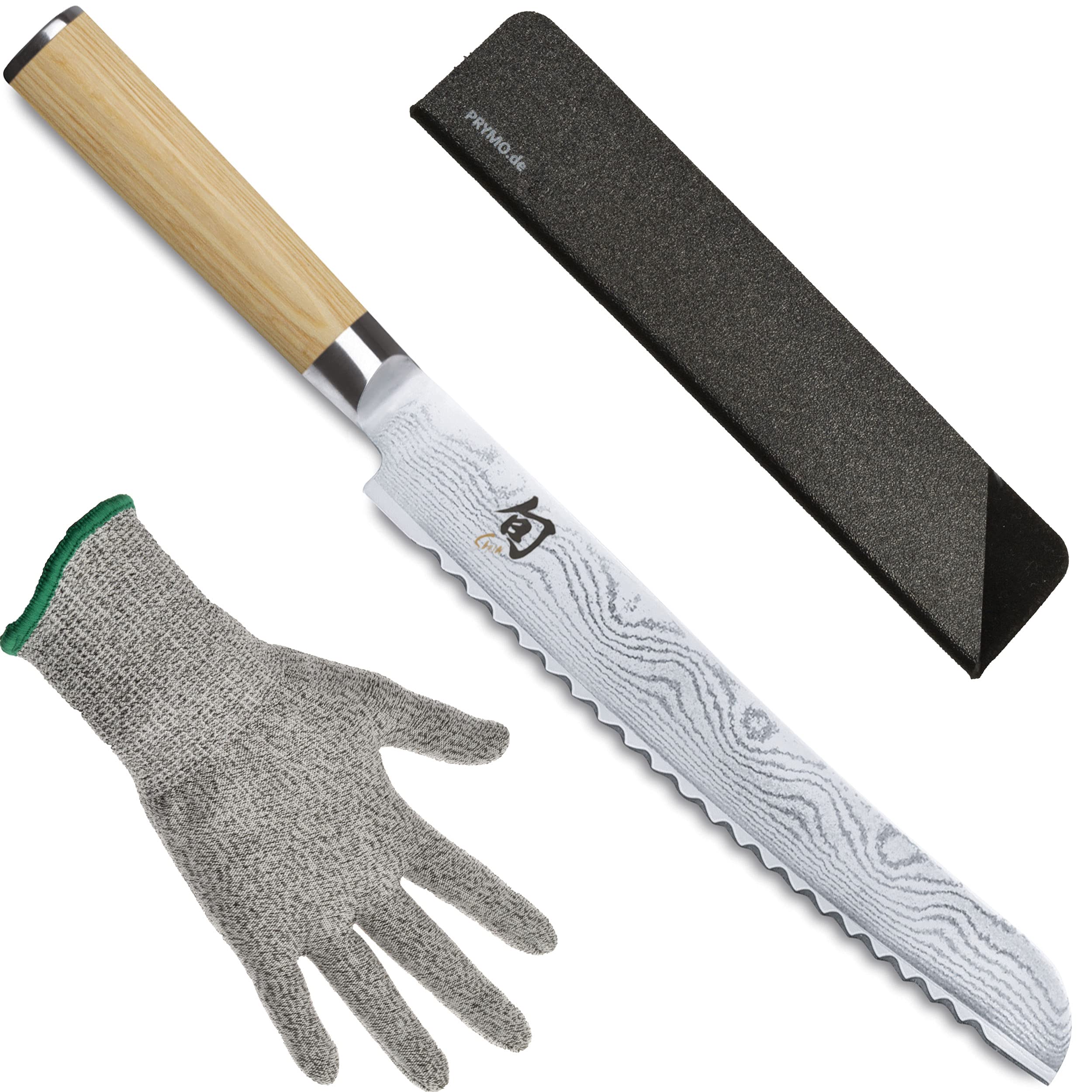 KAI Shun nóż do chleba Classic White 23 cm DM-0705W z osłoną ostrza i rękawicą ochronną