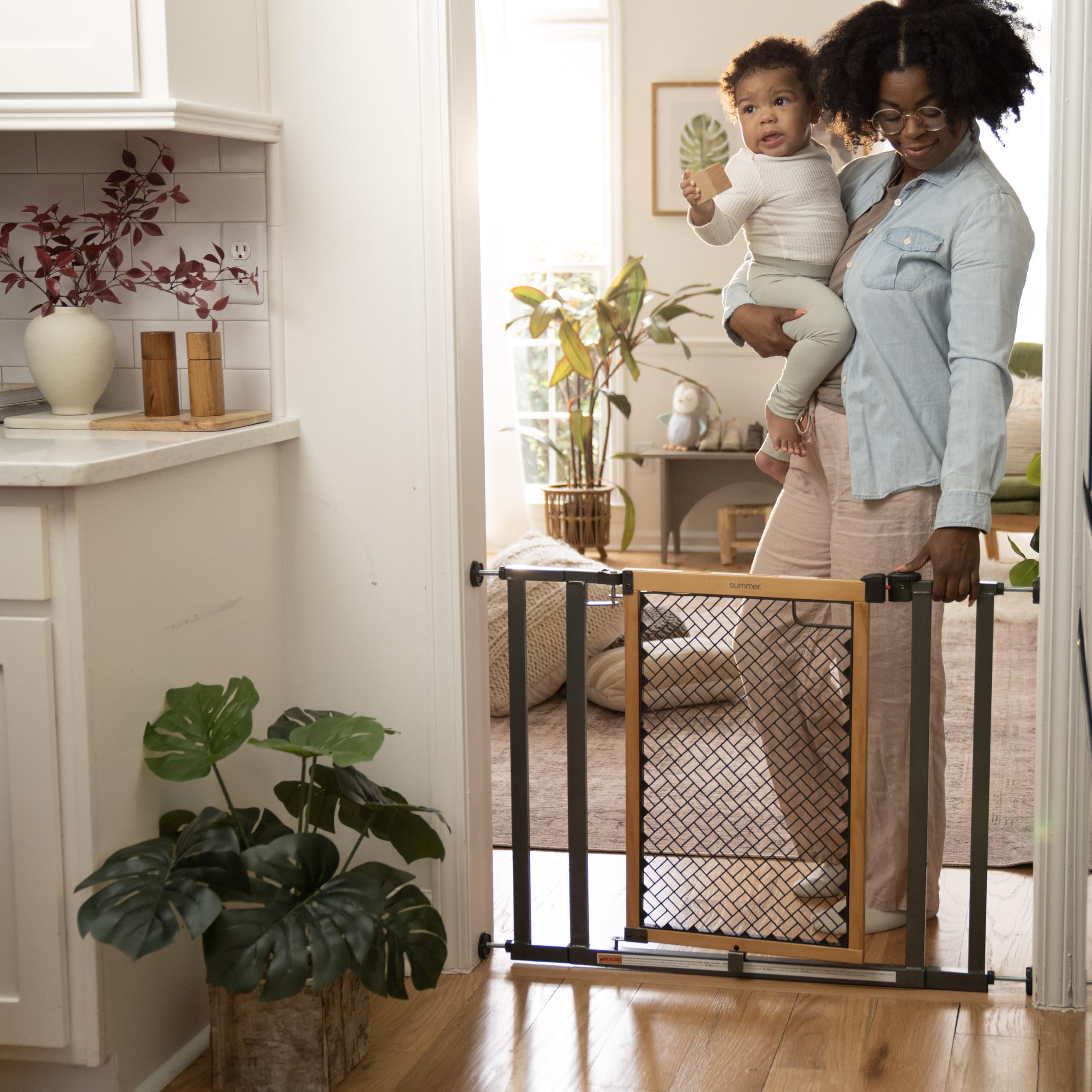 Summer Infant by Ingenuity The Doorway 36S Series Safety Pet and Baby Gate, 28"-36" Wide, 26" Tall, Pressure or Hardware Mounted, Install Wall to Wall in Doorway or Stairway - Oak Wood and Metal